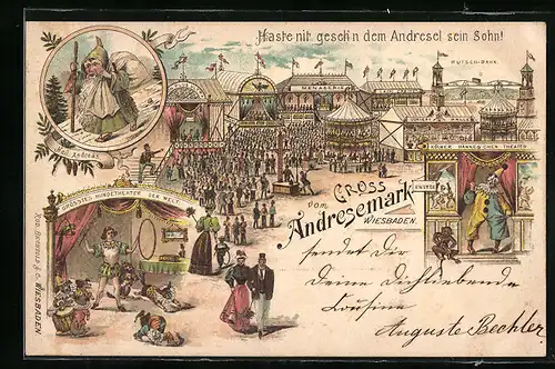 Lithographie Wiesbaden, Volksfest Andresemark, Hundetheater, Kölner Hännes`chen Theater