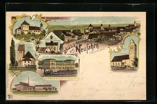 Lithographie Neufahrn / Ergoldsbach, Bahnhof, Thonwarenfabrik, Kirche, Schloss
