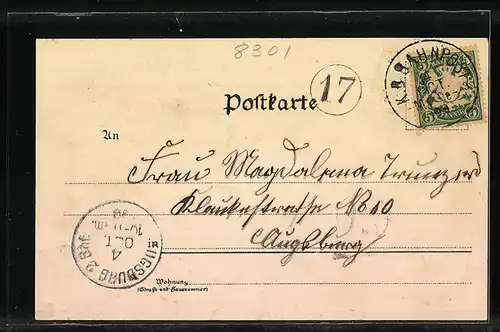 Lithographie Neufahrn / Ergoldsbach, Bahnhof, Thonwarenfabrik, Kirche, Schloss