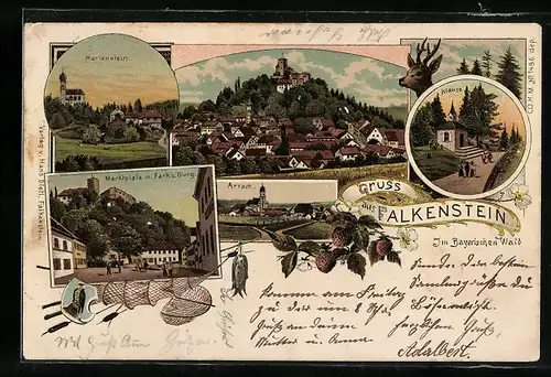 Lithographie Falkenstein /Bayr. Wald, Marktplatz mit Park und Burg, Klause, Ansicht von Arrach