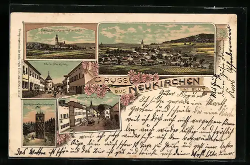 Lithographie Neukirchen /hl. Blut, Oberer u. Unterer Marktplatz, Franziskanerkloster mit Pfarrkirche, Aussichtsturm