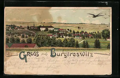 Lithographie Burgtreswitz, Ortsansicht von der Wiese aus, Schwalben