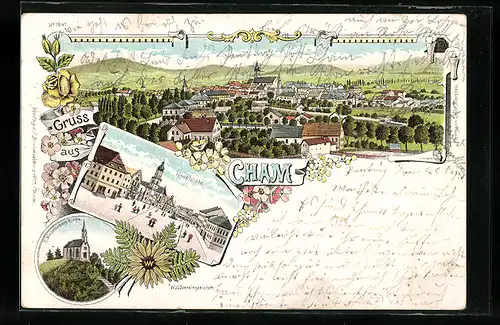 Lithographie Cham, Hauptplatz und Kalvarienberg-Kirche, Panorama