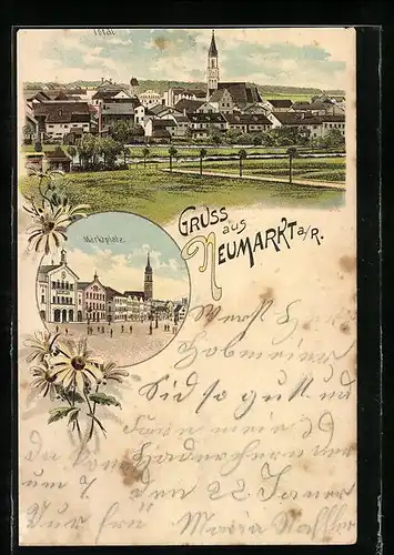 Lithographie Neumarkt a. R., Marktplatz, Totalansicht mit Kirche