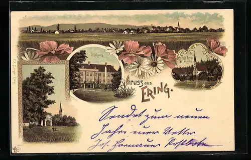 Lithographie Ering, Schloss und St. Anna Kirche, Panorama