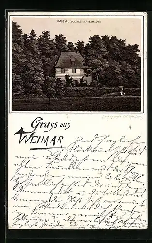 Vorläufer-Lithographie Weimar, 1895, Goethes Gartenhaus im Park