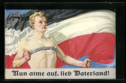 Künstler-AK Nun atme auf lieb Vaterland!, Jüngling hält die Reichsfahne in der Hand