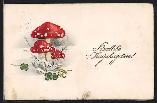 AK Fliegenpilze im Schnee, Hufeisen, Neujahrsgruss