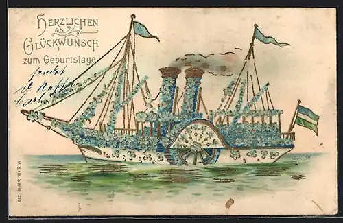 AK Blumenbild, Schaufelraddampfer geschmückt mit Blumen