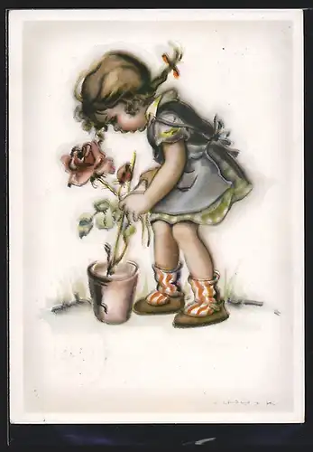Künstler-AK Hilla Peyk: Junges Mädchen in Kleidchen betrachtet eine Rose in einem Topf