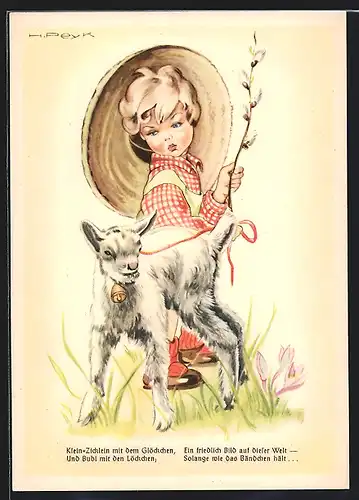 Künstler-AK Hilla Peyk: Mädchen mit grossem Hut und kleiner Ziege