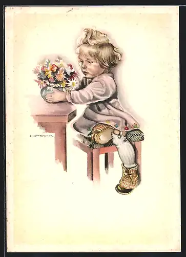 Künstler-AK Hilla Peyk: Kind auf einem Stuhl betrachtet Blumen