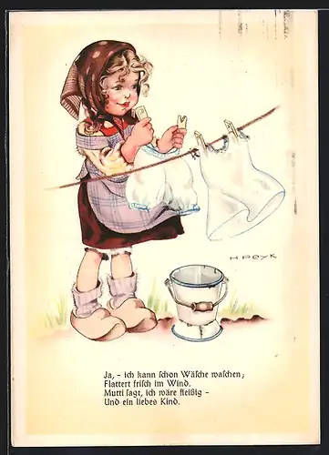 Künstler-AK Hilla Peyk: Junges Mädchen in Holzschuhen und Kopftuch hängt Wäsche auf die Leine
