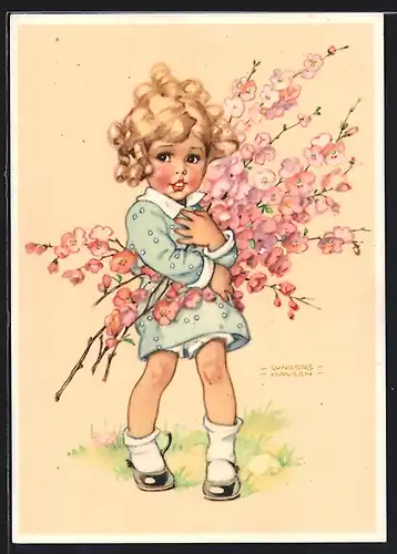 Künstler-AK Lungers Hausen: schüchternes Mädchen trägt blühende Zweige im Arm