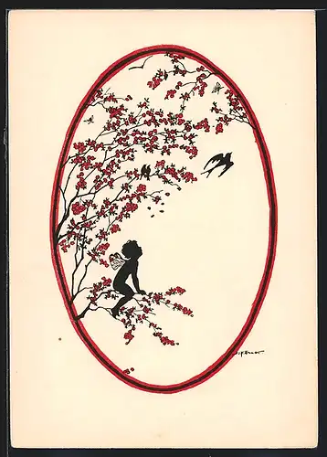 Künstler-AK Elsbeth Forck: Kleine Elfe auf dem Baum, Schattenbild