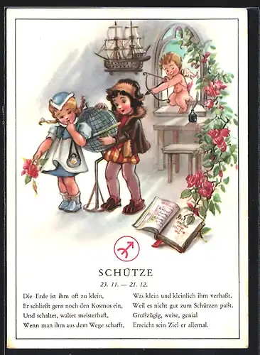 Künstler-AK Sternzeichen-Karte des Schützen, Kleiner Engel als Liebesbote