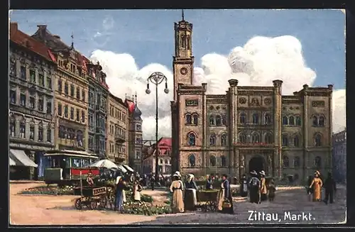 AK Zittau i. Sa., Strassenbahn und Stände auf dem Markt