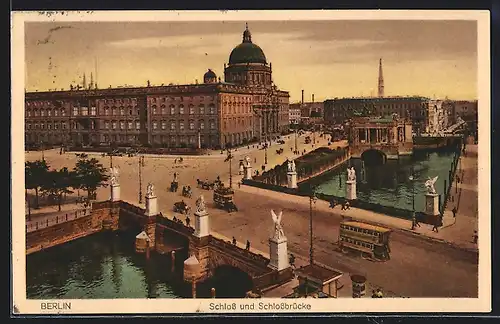 AK Berlin, Schloss und Schlossbrücke mit Omnibus