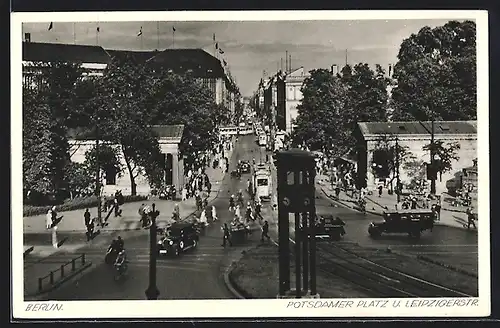 AK Berlin-Tiergarten, Potsdamer Platz und Leipzigerstrasse mit Strassenbahn