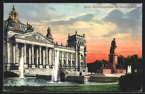 AK Berlin-Tiergarten, Reichstagsgebäude mit Bismarckdenkmal im Abendlicht
