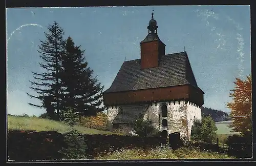 Künstler-AK Photochromie Nr. 3476: Gross-Rückerswalde im Erzgebirge, an der kleinen Kapelle