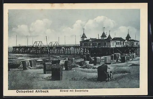 AK Ahlbeck, Strand mit Seebrücke