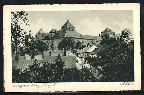 AK Augustusburg /Erzgeb., Blick über Dächer aufs Schloss