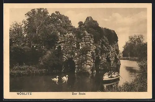 AK Wörlitz, Fluss am Stein mit Rudergästen