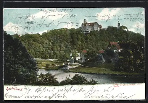 AK Rochsburg, Schloss auf Hügel über Ortschaft