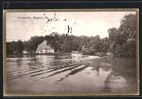 AK Siegmar, Gasthaus Pelzmühle, Partie auf dem Wasser mit Boot