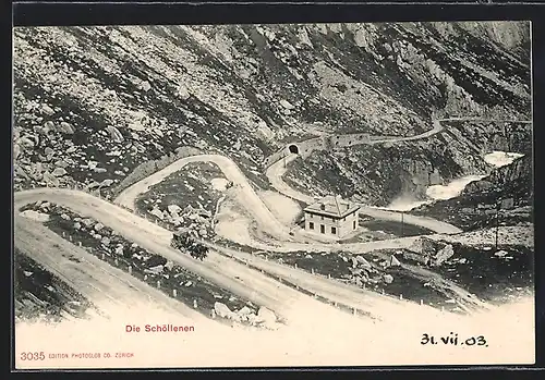 AK Schöllenen, einzelnes Haus an Serpentinen in den Bergen, befahren von Pferdekutsche