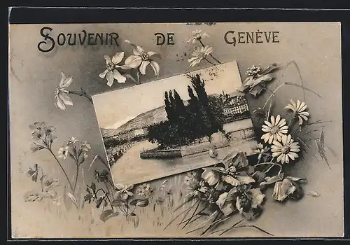 AK Genève, Partie am Wasser umrahmt von floraler Darstellung