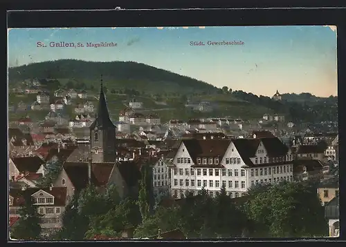 AK St. Gallen, Ortsansicht mit St. Magnikirche und städtischer Gewerbeschule