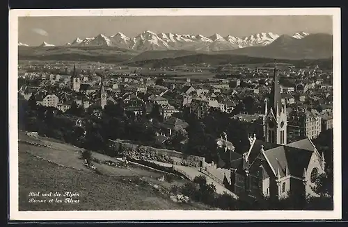 AK Biel, Blick über Kirche in die Alpen