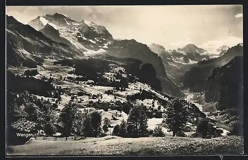 AK Wengen, Blick von Bergwiese in frostiges Tal