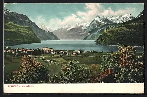 AK Brunnen, Panorama mit Alpen