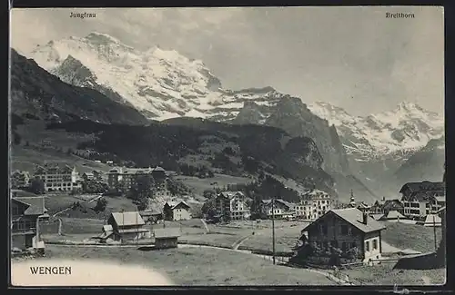 AK Wengen, Ortsansicht mit Jungfrau und Breithorn