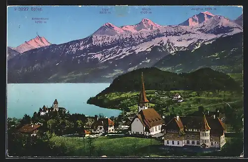 AK Spiez, Ortsansicht mit Kirche am See gegen die Berge