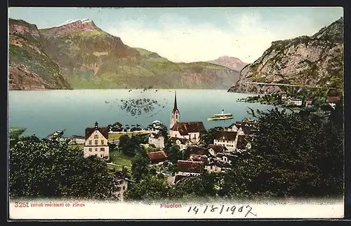 AK Flüelen, Blick auf Berge, See und Ort