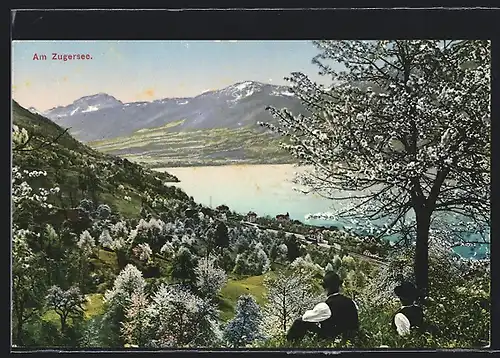 AK Zug, Zugersee, Männer im Frühlingsidyll