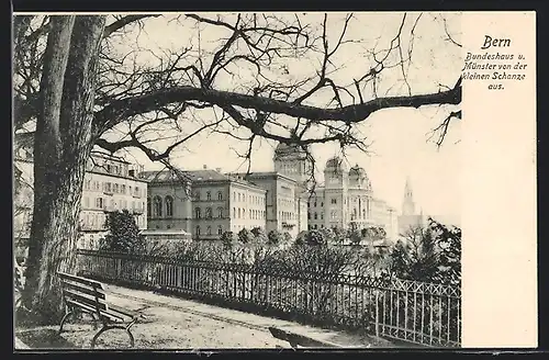 AK Bern, Bundeshaus und Münster von der kleinen Schanze aus