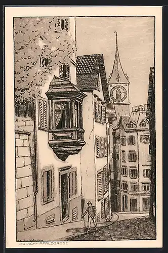 Künstler-AK Zürich, Strassenpartie in der Pfalzgasse