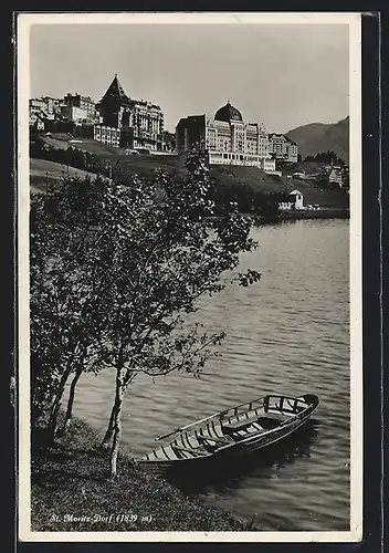 AK St. Moritz-Dorf, Ortsansicht am Wasser mit Ruderboot