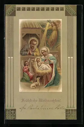 AK Weihnachtsengel kniet vor Maria und dem Christkind
