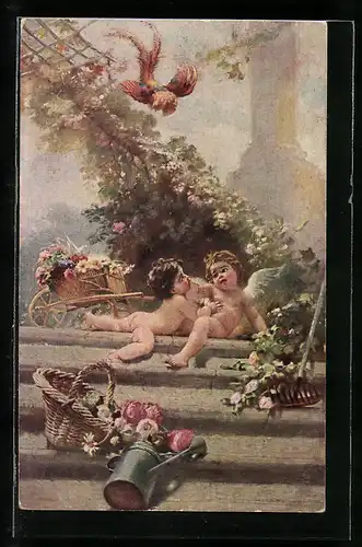 AK Engel im Liebesgarten, Fasan fliegt auf, Schubkarre mit Blumen