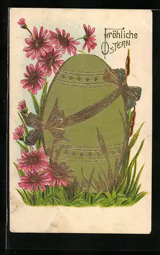 AK Riesiges Osterei mit Schleife und Blumen, Fröhliche Ostern