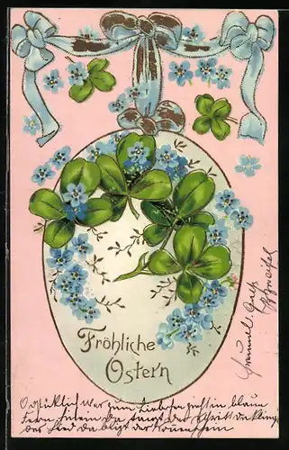 AK Grosses Osterei mit blauen Blüten und Kleeblättern, Fröhliche Ostern