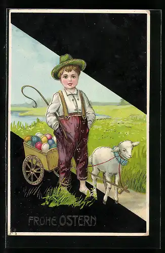 AK Kleiner Junge mit Osterlamm und einem Wagen voller bunter Eier, Frohe Ostern