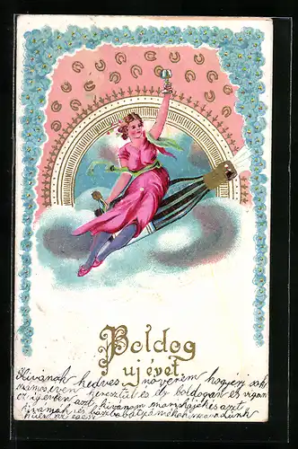 AK Frau fliegt auf grosser Sektflasche, Hufeisen, Neujahrsgrüsse