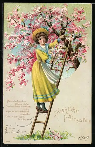 AK Mädchen auf einer Leiter pflückt Blüten, Spruch, Fröhliche Pfingsten